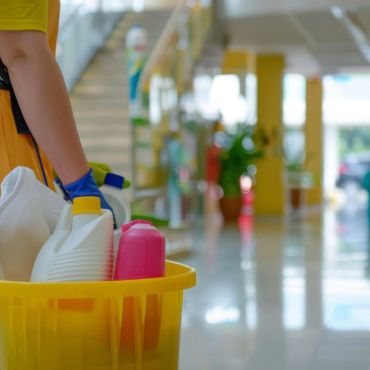 Empleado promarco trasladando artículos de limpieza