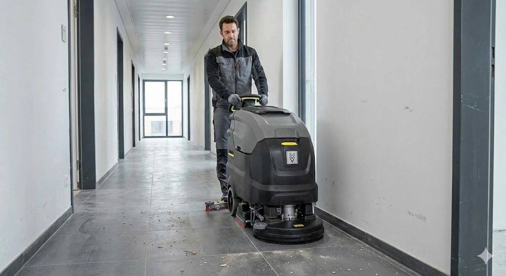 Empleado Promarco limpiando pasillos y zonas comunes luego de obra