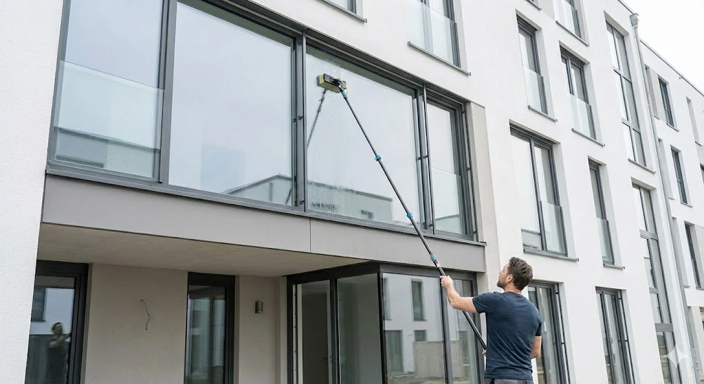 Empleado Promarco realizando limpieza de vidrios