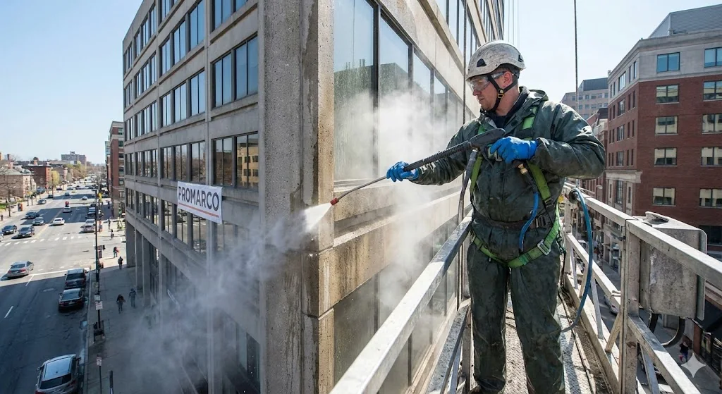 Limpieza con agua a presi贸n en muro exterior