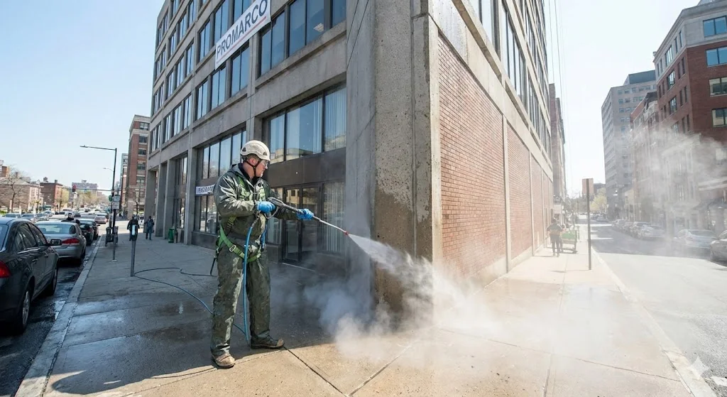Limpieza con agua a presi贸n en fachada