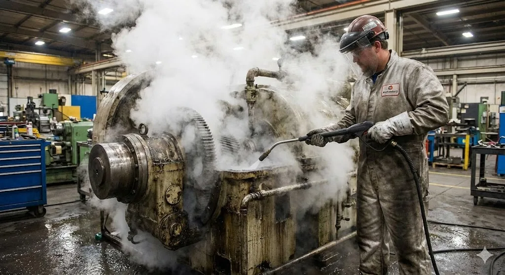 Limpieza a vapor de maquinaria industrial