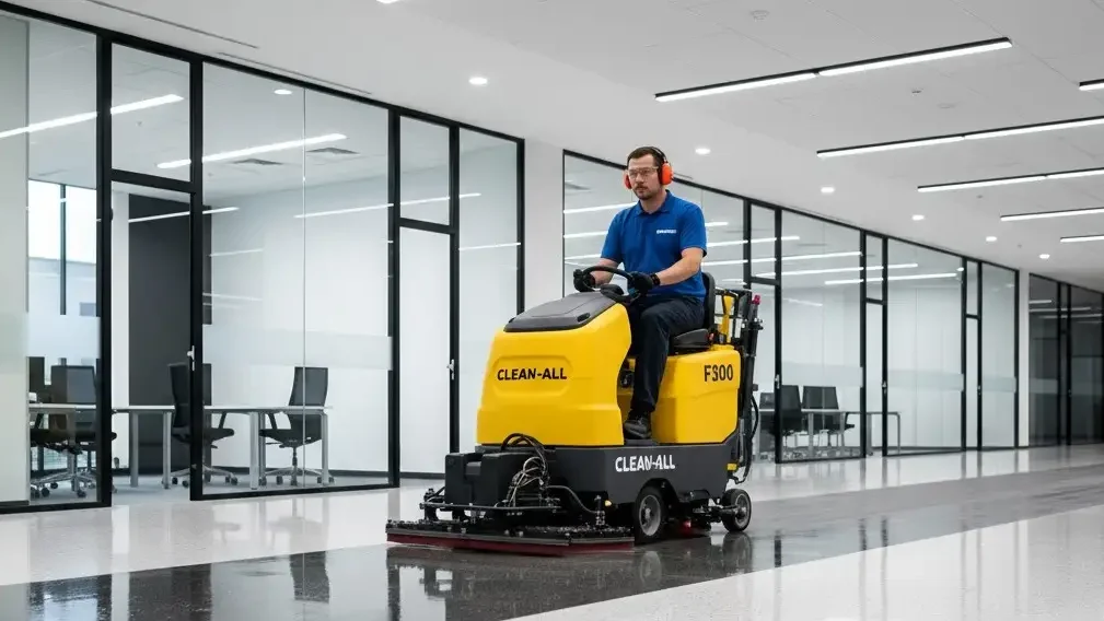 Personal técnico operando una máquina fregadora industrial para el lavado profundo de pisos en una oficina moderna.