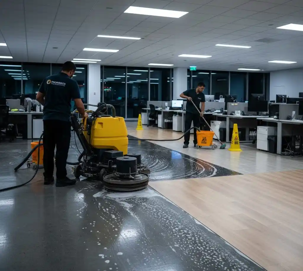 Operario de limpieza utilizando una máquina fregadora industrial para el lavado de pisos en oficinas.