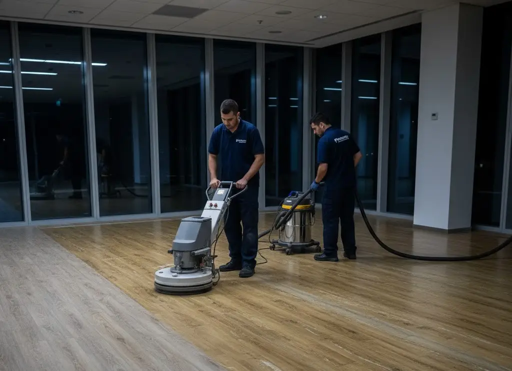 Personal de limpieza profesional utilizando una máquina abrillantadora industrial en un piso flotante de madera.